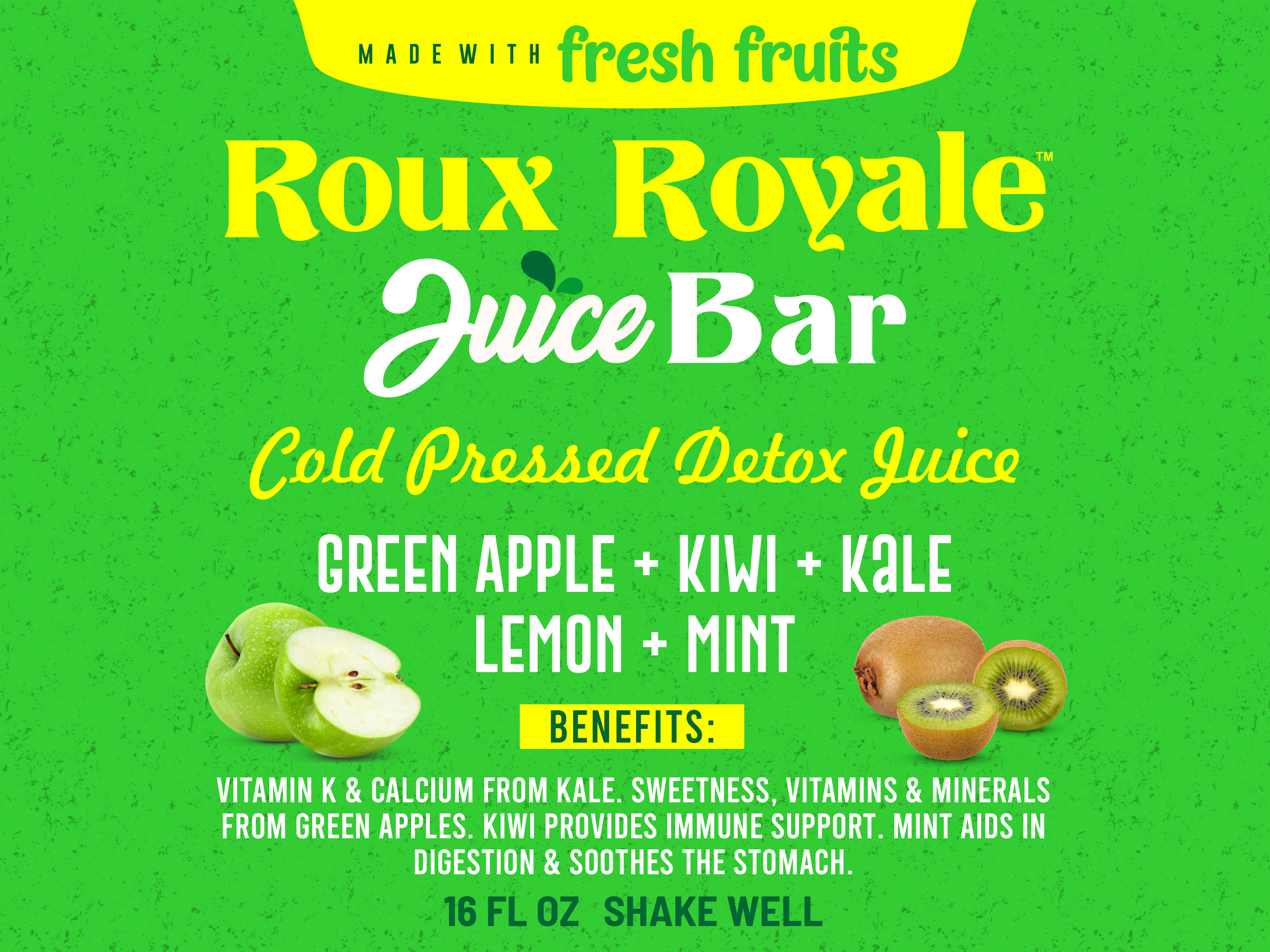 Green Apple Kiwi Kale Lemon and Mint Cold Pressed Detox Juice 16oz